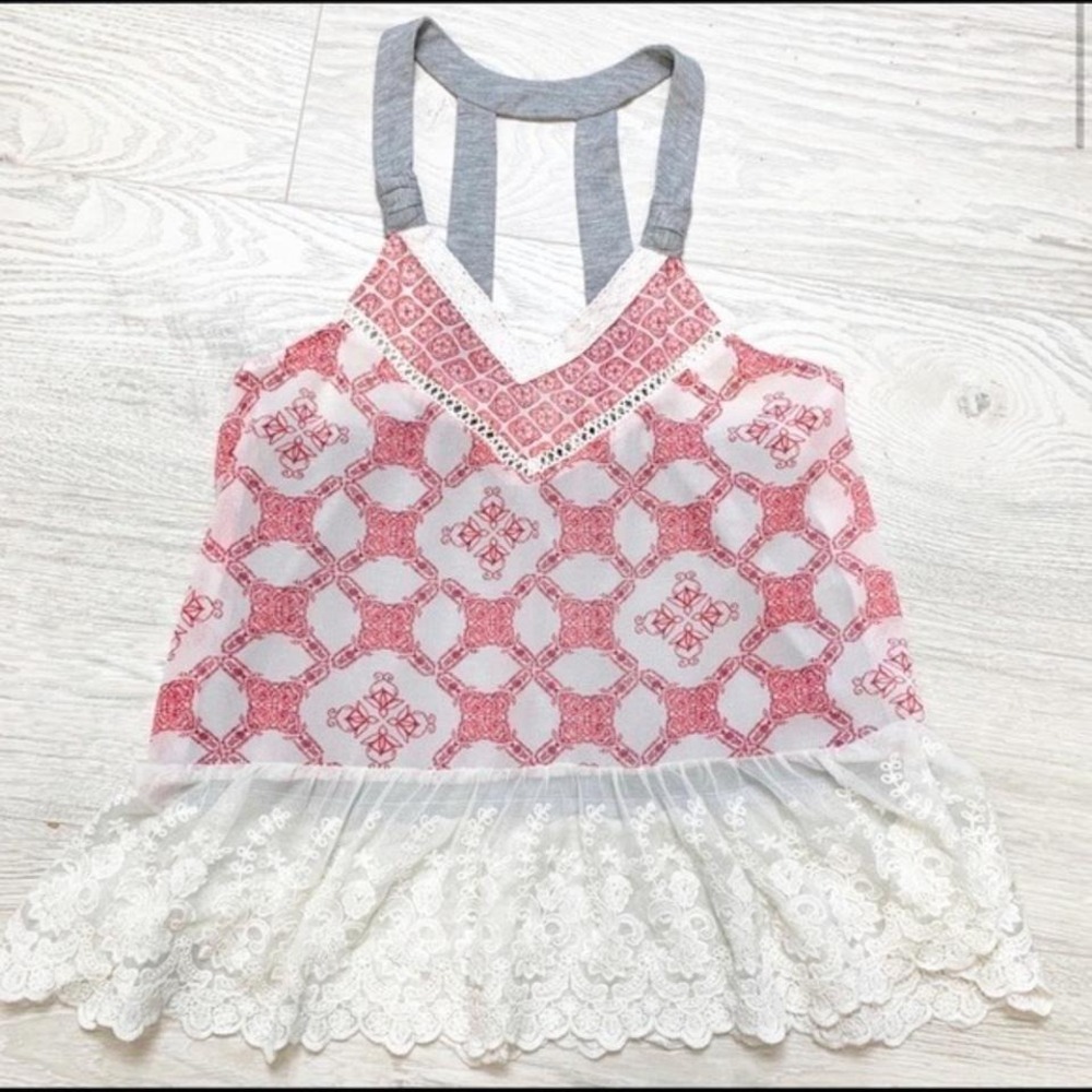 Boho Red Geometric Print Halter Tank Top Lace Trim Multi-Strap Racerback Small